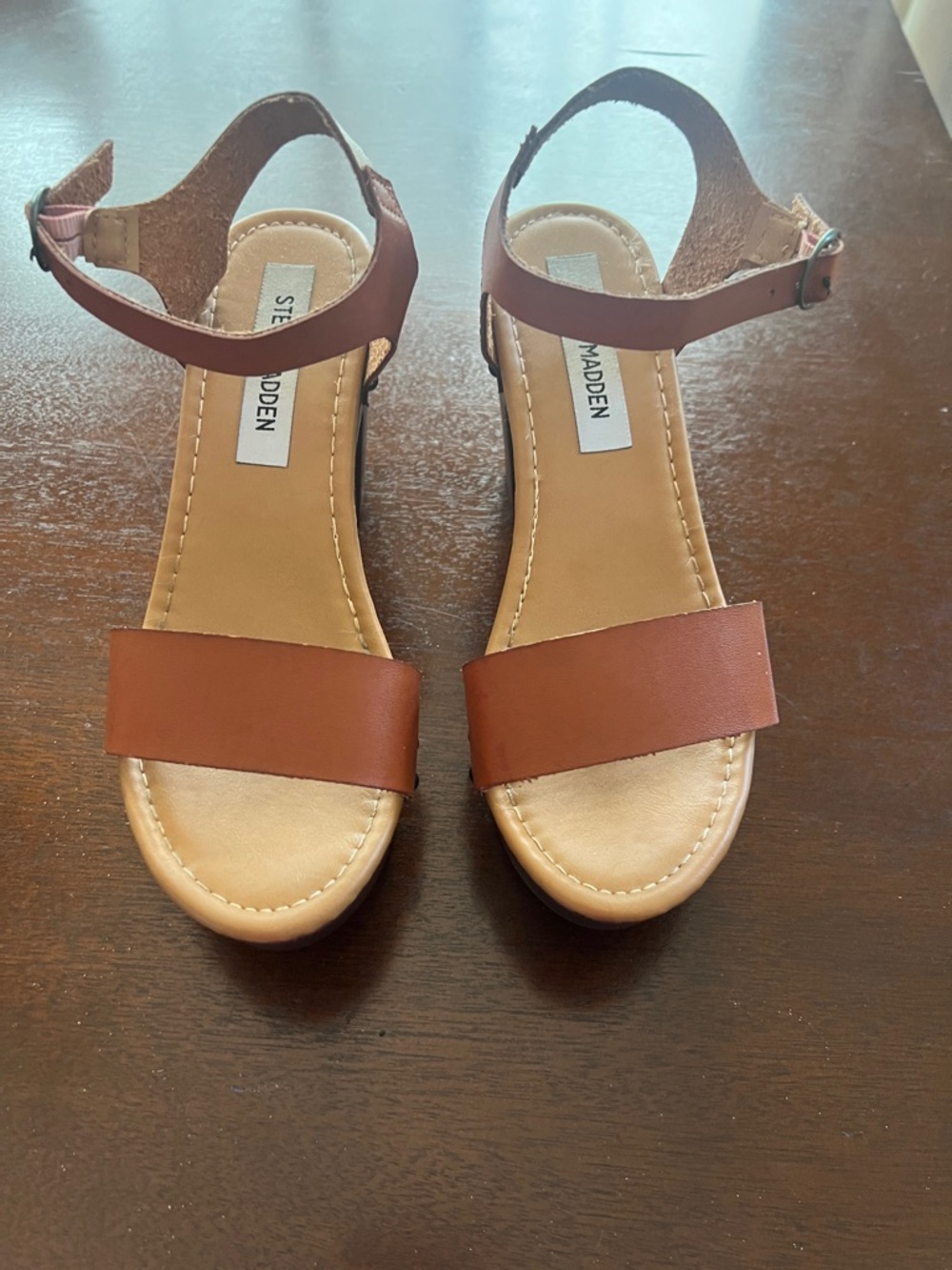 Steve Madden Brown Leather-Look Platform Sandals with Ankle Strap - Picture 2 of 8